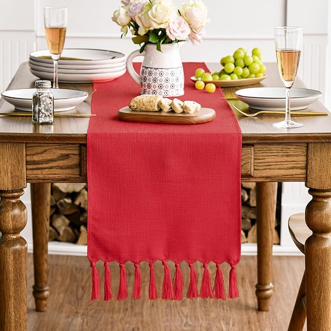 Artoid Mode Red Tassel Table Runner, Christmas Linen Blend Rustic Farmhouse Style Kitchen Table Decoration Holiday Wedding Party Dinning Decor 13x48 Inch