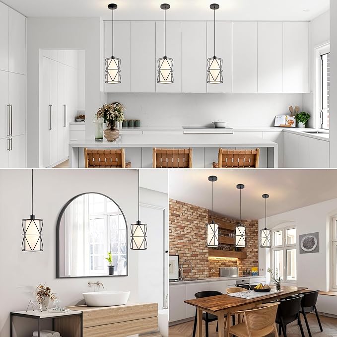 Industrial Black Pendant Lights, Modern Kitchen Island Farmhouse Hanging Light with Milk Glass for Hallway Sink Dining Room Bedroom