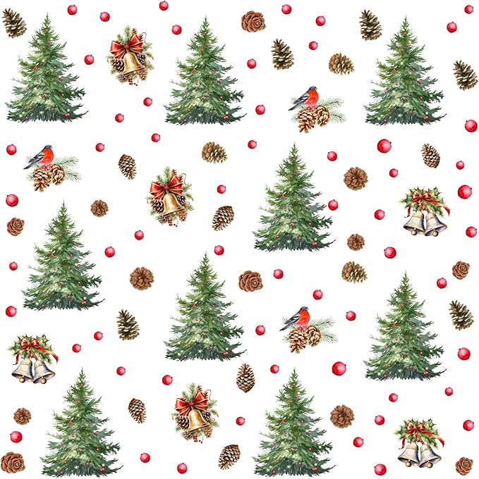 Pine Tree Wall Stickers Watercolor Christmas Tree Wall Decals Peel and Stick Removable Pine Cones Winter Wall Art Stickers Merry Christmas Bell Decals for Living Room Kids Gift Xmas Party Supply Decor