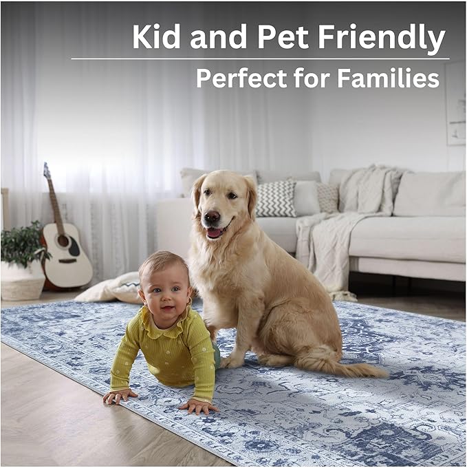 Bloom Rugs Washable Non-Slip 7 ft Runner - Gray/Blue Traditional Medallion Runner for Entryway, Hallway, Bathroom, and Kitchen - Exact Size: 2.5' x 7'
