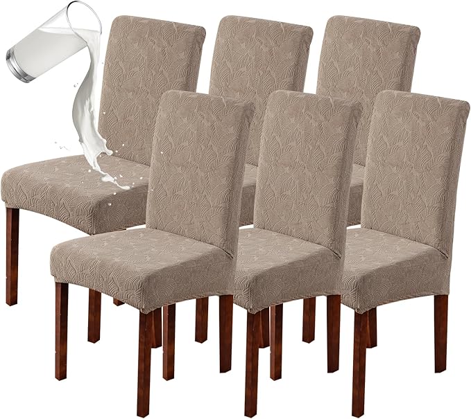 Genina 100% Waterproof Dining Room Chair Covers Set of 6 Stretch Kitchen Chair Covers Parsons Chair Slipcovers for Dining Room Chair Protector Cover, Removable, Washable (Leaf Pattern-Taupe, Large)