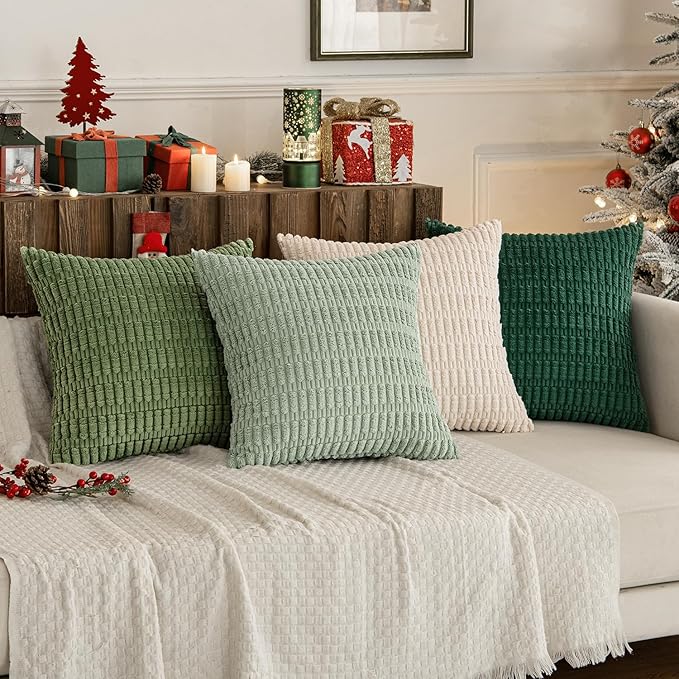 MIULEE Pack of 4 Summer Neutral Corduroy Decorative Throw Pillow Covers 20x20 Inch Farmhouse Boho Rustic Soft Striped Pillow Covers Home Decor for Sofa Living Room Couch Bed Green