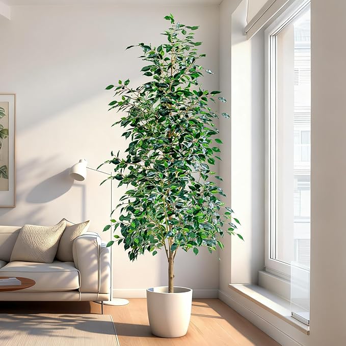 6FT Artificial Ficus Trees Indoor Faux Trees Indoor Fake Floor Plants Tall Artificial Tree with White Pot Faux Tree Fake Indoor Tree Silk Plants Artificial Trees for Home Decor Indoor