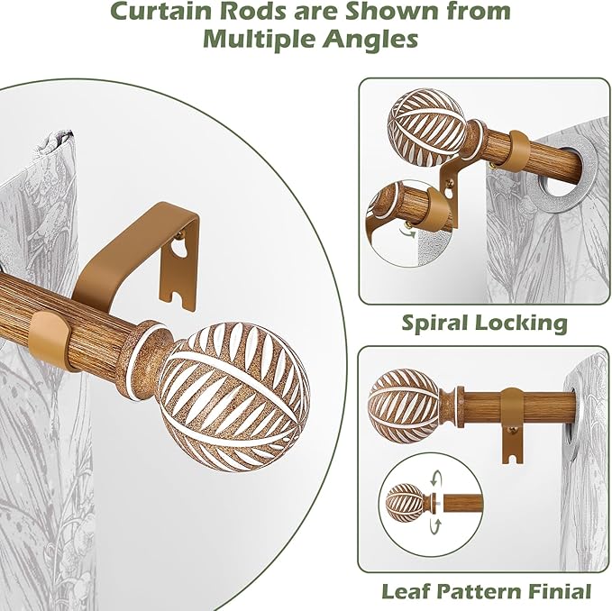 Wood Boho Curtain Rods for Windows:Wooden Farmhouse Decorative Curtain Rod for Bedroom Living Room,Heavy Duty Adjustable Rustic Bamboo Drapery Rods with Imitation Wood Grain Finials,Brown 36-72"