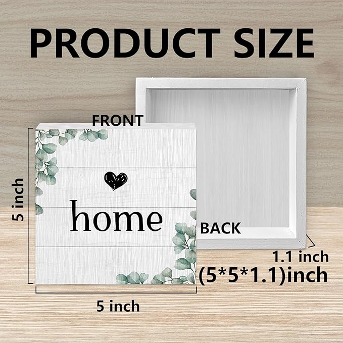 Home Sign, Home Signs for House Decor, Welcome Sign, Rustic Farmhouse Desk Decor Wood Block Box Plaque for Living Room Wall Shelf, Housewarming Gifts (Green)