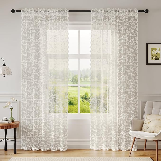 Beige Lace Sheer Curtains – Vintage Leaves Pattern Lace Fall Curtains, Modern Privacy Light Filtering Rod Pocket Window Drapes for Bedroom Living Room, 52W x 54L Inch, 2-Panel Set