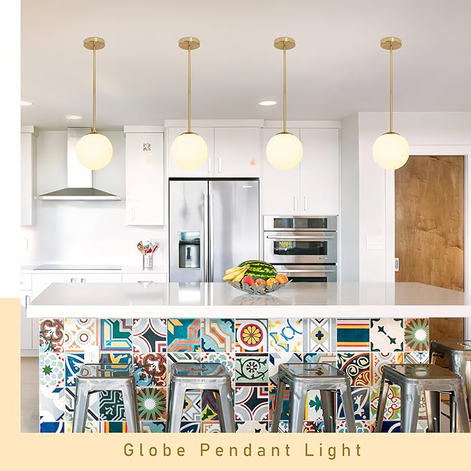 6" Globe Pendant Light Gold Mid Century Pendant Light Globe Pendant Lights Kitchen Island Brushed Brass Finished with Milk Glass Lampshade Adjustable Ceiling Light Fixtures for Kitchen