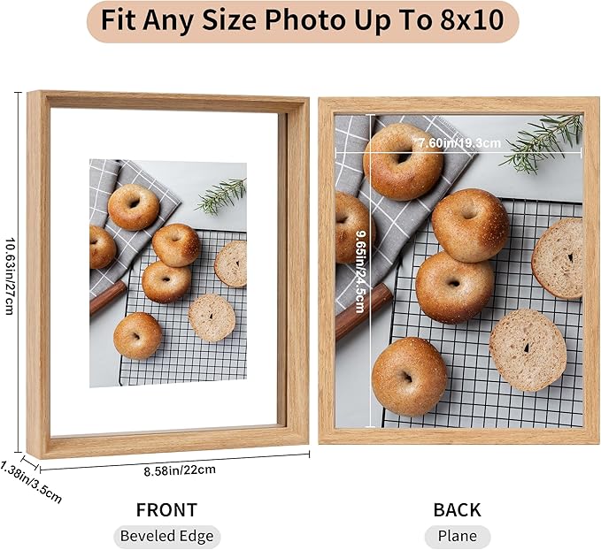 8x10 Floating Frames 2 Pack Wooden Photo Frame Double Sided Glass Picture Frame for Any Size Picture up to 8x10, Wall Mount or Tabletop Displays, Double-edged Frames, Natural