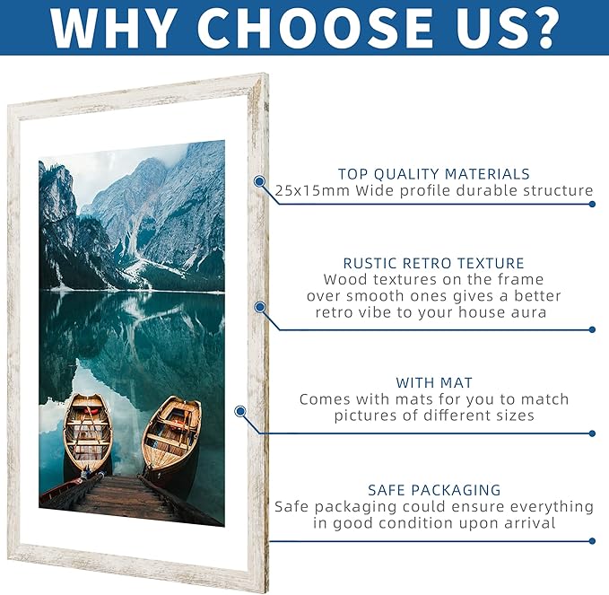 20x28 Picture Frame Set of 2, Distressed White Wood Style - Display 16x24 Picture with Mat or 20 x 28 Poster without Mat, Wall Mounting Horizontal and Vertical