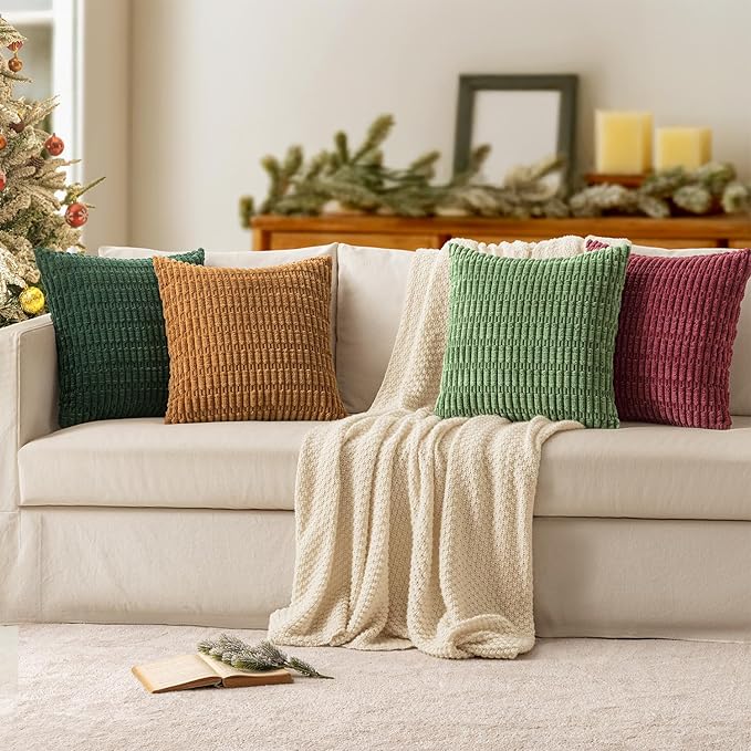 MIULEE Soft Corduroy Throw Pillow Covers Set of 4 Christmas Green 18x18 Inch Modern Farmhouse Boho Decorative Accent Cushion Covers for Couch Sofa Bedroom