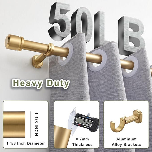 1 1/8 Inch Diameter Curtain Rods 36 to 72 Inches(3-6ft), Telescoping Heavy Duty Large Drapery Rod with Adjustable Aluminum Alloy Bracket, Solid End Caps for Windows Patio Decoration, Brushed Gold