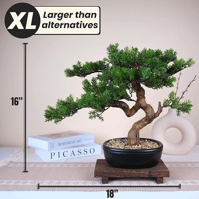 Artificial Bonsai Tree 16" Tall with Realistic Wood and Ceramic Pot, Fake Plants for Home, Bedroom and Office Desk, Japanese Decor