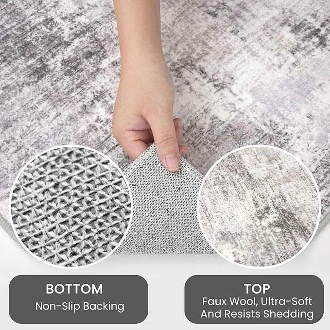 IOHOUZE Abstract Runner Rug 2x12 Ft Washable Runners for Hallways, Non Slip Kitchen Runner Printed Faux Wool Entryway Runner Indoor, Modern Abstract Floor Carpet for Hall Kitchen, Grey Beige