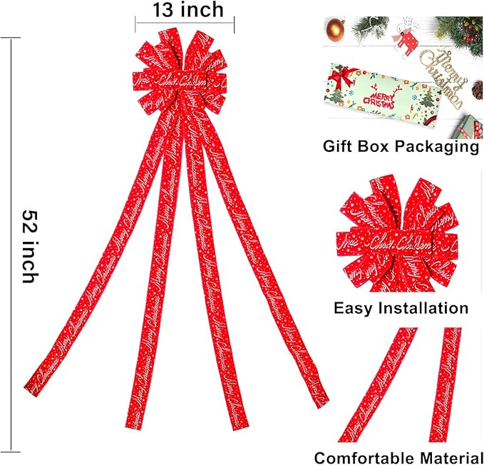 Christmas Tree Topper Christmas Wreath Bow, 52 * 13 inches Tree Toppers Bow with Letter Patterned Ribbon for Xmas Tree Christmas Rustic Farmhouse Home Holiday Party Decorations Red