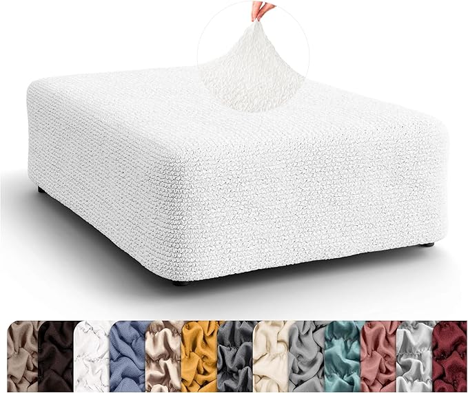 PAULATO BY GA.I.CO. Big Ottoman Cover Stool Cover Pouf Slipcover - Soft Polyester Fabric Slipcover - 1-Piece Form Fit Stretch Furniture Protector - Microfibra Collection - Crisp White (Ottoman)