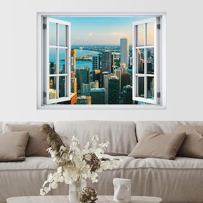 SIGNWIN Removable Wall Sticker/Wall Mural Window View New York City Harbor Skyline Nature Wilderness Photography Decorative Landscape Digital Art for Living Room, Bedroom, Office - 36"x48"