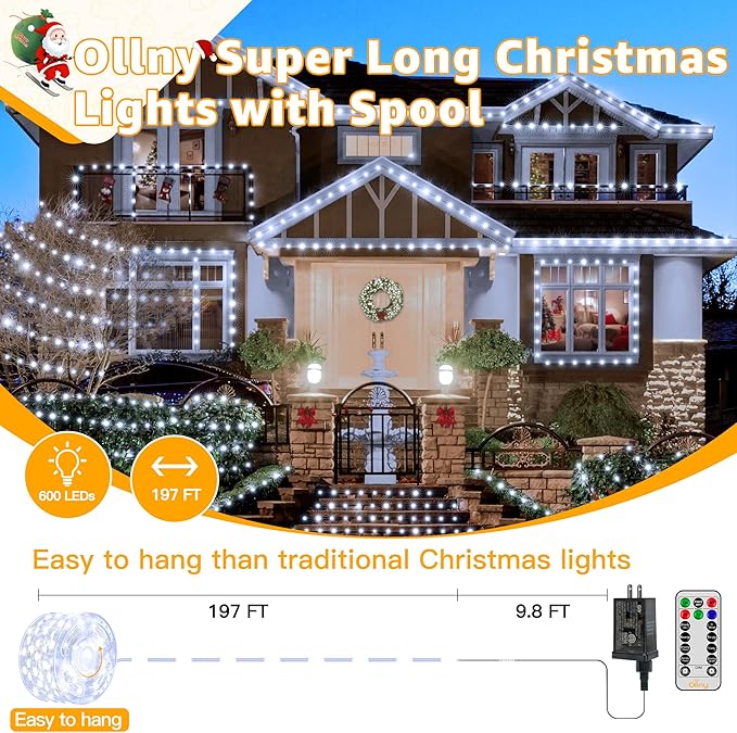 Ollny Christmas Lights Cool White, 600LED 197FT Christmas Tree Lights IP67 Waterproof, Plug in Fairy Lights with Remote 8 Modes Timer, Xmas Light for Outdoor Indoor House Holiday Decor