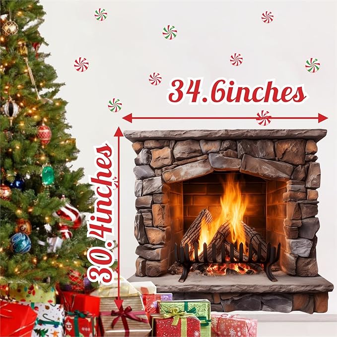 Large Christmas Wall Decals Christmas Wall Decoration Vinyl Sticker Peel and Stick Indoor Xmas Fireplace Decal for Walls Removable Peppermints Xmas Art Murals for Living Room Holiday Xmas Party Supply