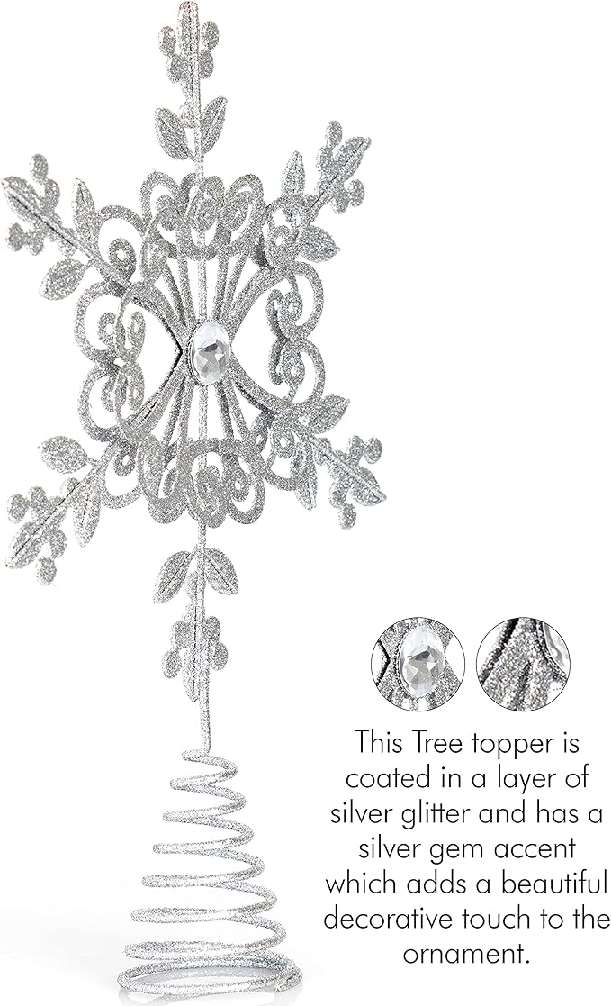 Ornativity Flower Snowflake Tree Topper – Silver Glitter Designed Floral Snow Flake Toppers Xmas Ornament Holiday Trees Decor with Sparkling Gem Detailed Christmas Star Tree Top Decorations 11.5"