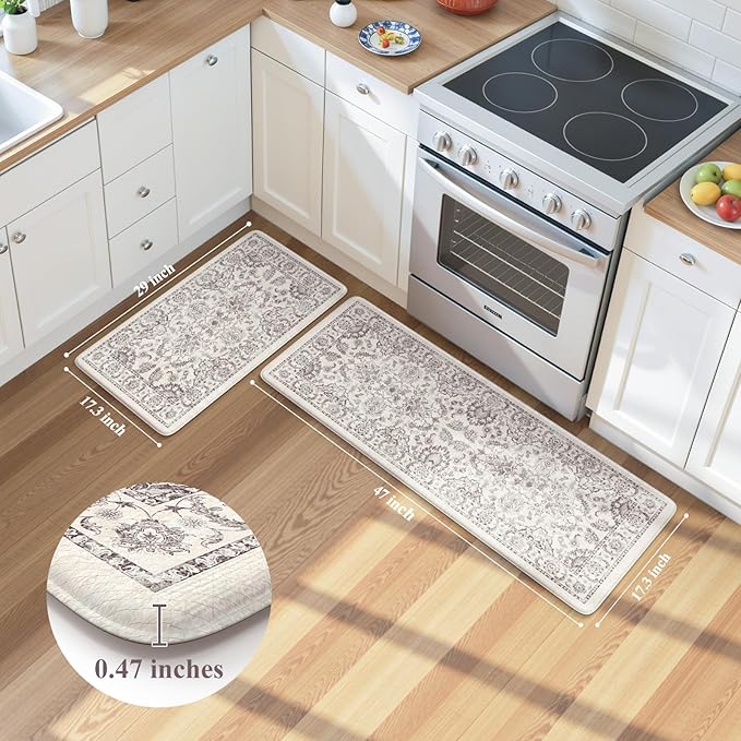 KIMODE Comfort Kitchen Floor Mats Cushioned Anti Fatigue,Boho Vintage Floral Kitchen Rugs Sets of 2,Ergonomic Memory Foam Carpet Non Slip for Sink Laundry Office,Purple Grey 17"x29.5"+17" x47”