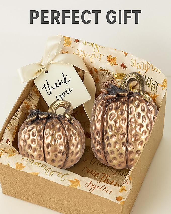 Gold Resin Pumpkin Figurines Set of 2 – Textured Fall Harvest Decorations for Table Centerpiece Thanksgiving Décor, Autumn Home Accents (Gold)