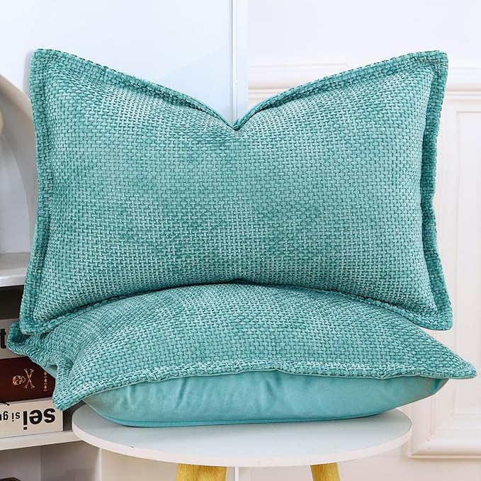 MADIZZ Chenille Velvet Throw Pillow Covers with Flange Set of 2 Super Soft Boho Textured Pillow Covers Decorative Throw Pillowcases Modern Farmhouse Home Decor for Sofa Bedroom Turquoise 12x20 Inch