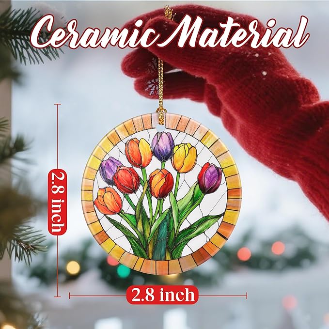 Christmas Ornaments, Dodosky 2.8in Ceramic Tulips Flower Ornament, Xmas Decor, Christmas Tree Ornaments, Xmas Decorations for Tree, Holiday Ornament, Tulips Gifts, Gifts for Women, Mom, Flower Lovers