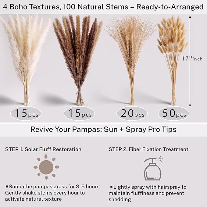Pampas Grass with Vase Set – 3 Beige White Ceramic Vases with Natural Dried Pampas, Bunny Tails & More – Neutral Farmhouse Decor for Fireplace, Home, Mantel, Entryway, Kitchen & Boho Table Centerpiece