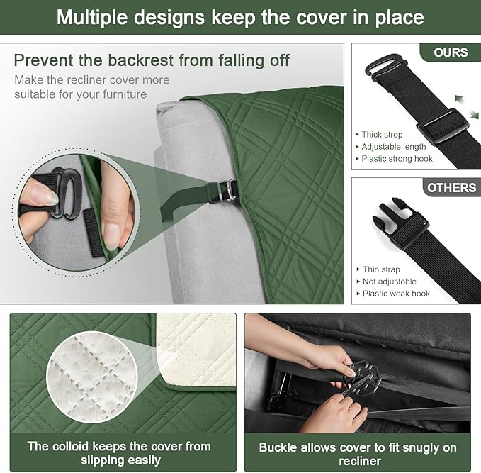 TAOCOCO Waterproof Recliner Chair Cover, Non Slip Oversized Recliner Covers for Recliner Chair with Pocket, Reclining Chair Cover Furniture Protector for Kids, Pets(Oversized Recliner, Vine Green)