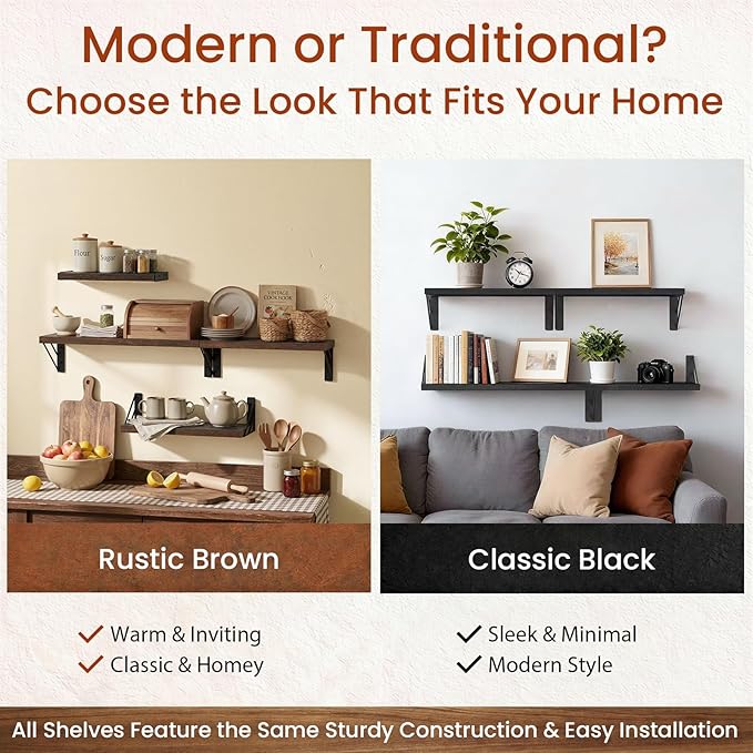 BAYKA Wall Shelves for Bedroom Decor, Floating Shelves for Wall Living Room Kitchen Storage, Mounted Rustic Wood Floating Shelves for Kids Books, Corner Shelf for Bathroom(Rustic Brown，Set of 4)