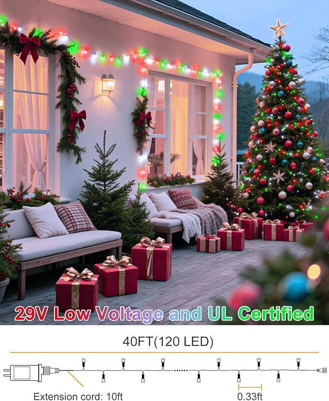 40FT 120 LED Christmas Lights Outdoor, Red and Green Christmas String Lights for Indoor Waterproof, 8 Modes & Timer, Connectable Christmas Tree Lights for Home Garden Party Decorations
