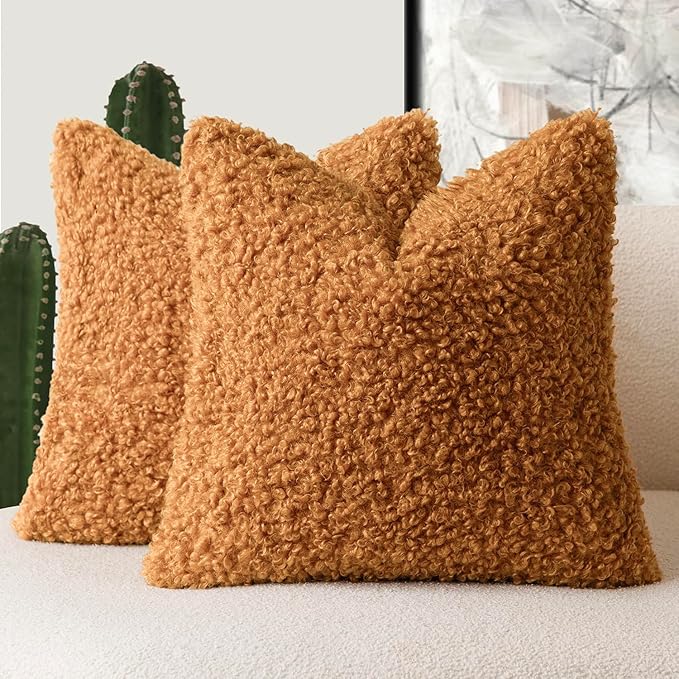 Foindtower 2 Pieces 16x16 Inch Orange, Faux Fur Throw Pillow Cover Accent Sherpa Furry Pillow Covers Fuzzy Soft Pillowcases Cozy Sheepskin Decorative Fleece Cushion Case for Bed Couch Living Room