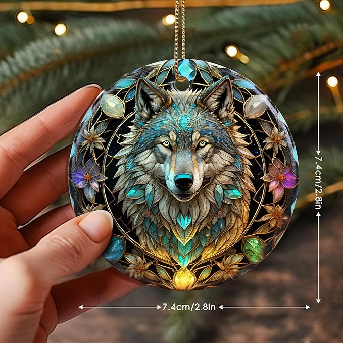 Stained Ceramic Wolf Ornament - Wolf Christmas Ornaments - Christmas Tree Ornaments - Christmas Decorations - Wolf Decor for Office, Room, Home - Holiday Present Ideas