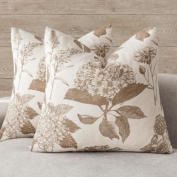 Foindtower Set of 2 Linen Floral Throw Pillow Covers Neutral Vintage Print Decorative Cushion Covers Farmhouse Boho Home Decor for Sofa Chair Couch Bedroom Living Room,22×22 Inch,Light Brown