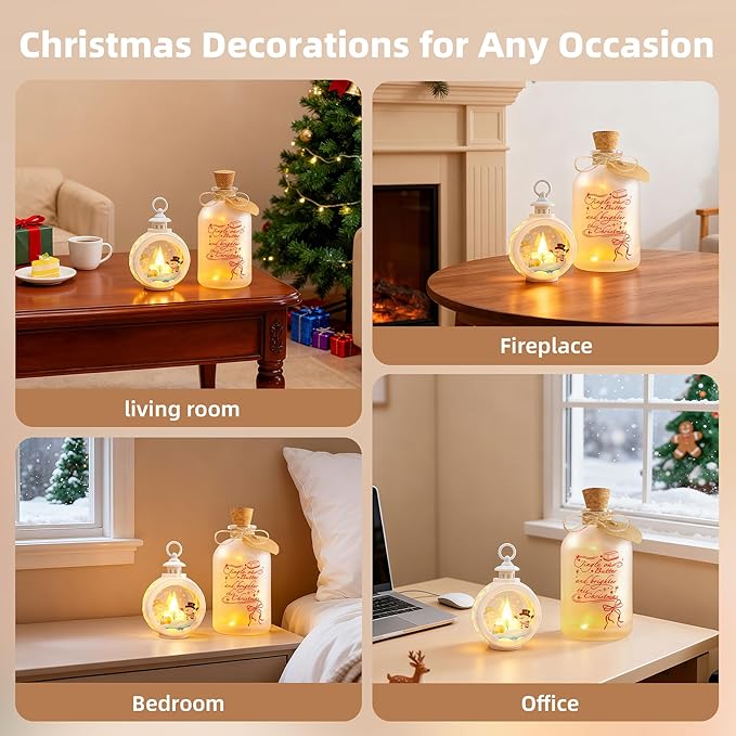 Christmas Night Light, 17.5oz Mason Jar Lantern with LED Light Ornament, 2-in-1 Christmas Decorations for Home, Birthday Gift for Women and Friend, Festive Home Decor