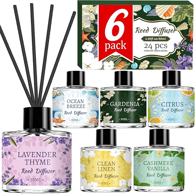 6 Pack Reed Diffuser Sets, Essential Oil Reed Diffusers for Home with 24 Sticks, Long Lasting Scent, Gift Ready Fragrance Diffuser for Bedroom, Bathroom, Office, Home Decor (1.69oz Each)
