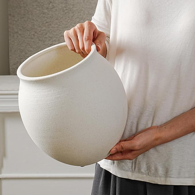 Large White Ceramic Vase, Wide-mouthed Round Planter with Drainage Hole, 9.7 Inch Tall, Minimalist Home Decor for Indoor Plants, Flowers, Table, Shelf,Floor, Living Room, Wedding (Sandstone White)