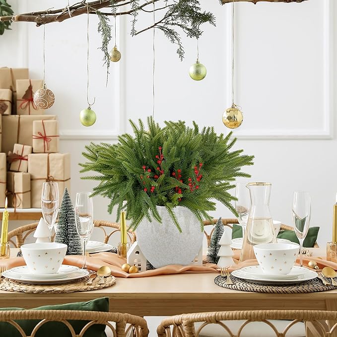 Fovths 12 Pack Christmas Norfolk Pine Branches with Red Berries 18 Inch Norfolk Pine Stems Artificial Norfolk Pin Needle Branches DIY Crafts Faux Greenery for Xmas Home Decor Garland Wreath Craft