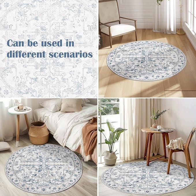 jinchan Lima Round Rug 7ft Vintage Machine Washable Area Rug Indoor Circle 7' Ultra-Thin Non-Slip Floral Print Carpet for Farmhouse Entryway Dining Room Living Room Bedroom Office (7'Round, Blue)
