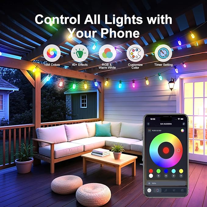 Outdoor String Lights 96ft(2×48ft), Patio Lights with 30 Dimmable LED Bulbs, RGBW & Warm White, IP66 Waterproof, Shatterproof, APP & Remote Control, Color Change, Customizable for Backyard