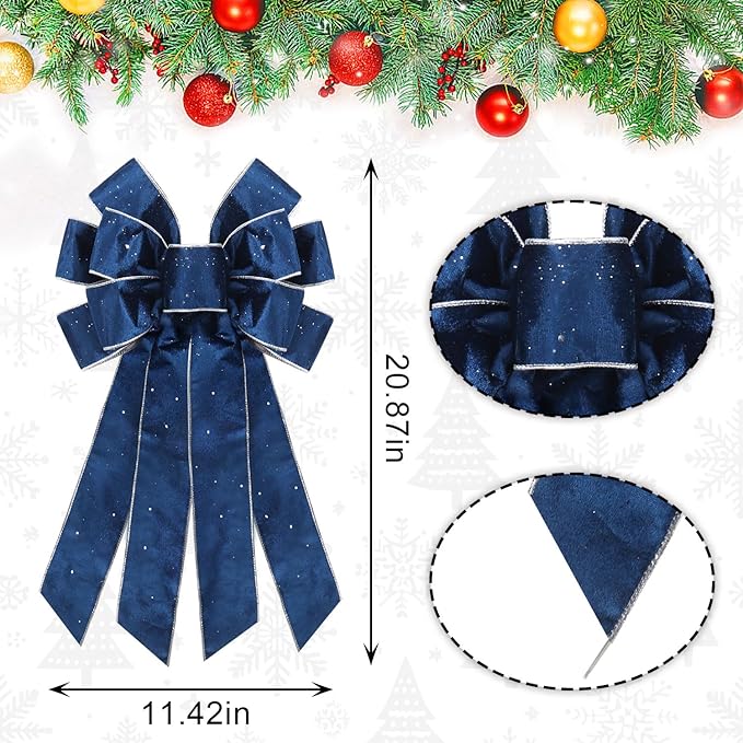 Large Christmas Bows for Wreath, Navy Blue Velvet Wreath Bow Winter Holiday Tree Topper Bows Ornaments for Front Door New Year Christmas Party Decoration Supplies