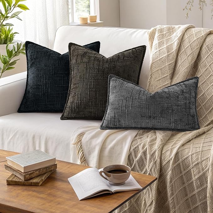 decorUhome Chenille Throw Pillow Covers 18x18 Set of 2, Thick Textured Slubby Neutral Decorative Pillow Covers with Elegant Design for Couch, Sofa, Living Room, Chocolate