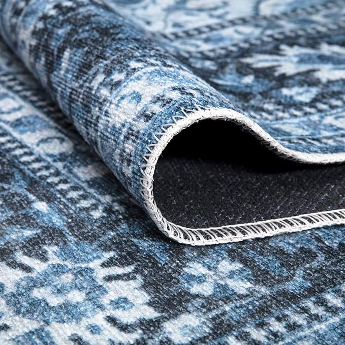 Bloom Rugs Caria Washable Non-Slip 4x6 Rug - Blue Traditional Area Rug for Living Room, Bedroom, Dining Room, and Kitchen - Exact Size: 4' x 6'