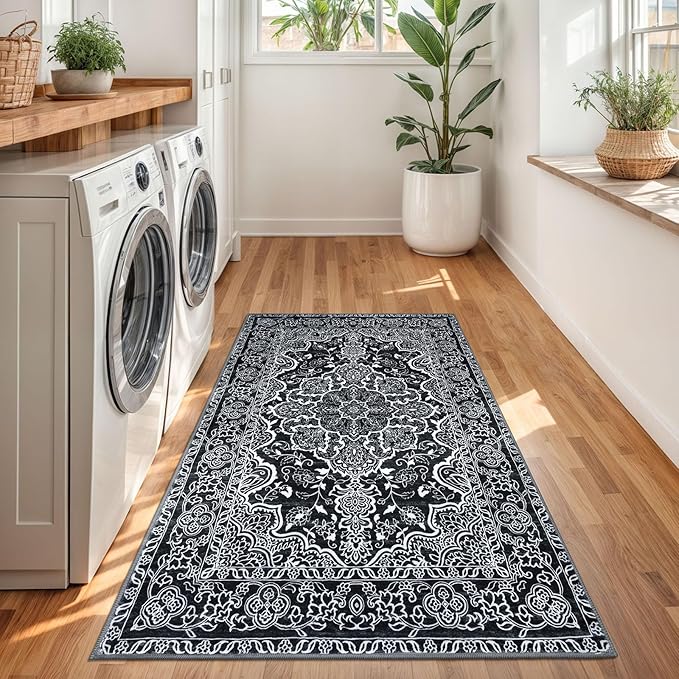 KUTA 3x5 Rugs for Entryway Non-Slip Washable Area Rug, Vintage Floral Kitchen Rugs Black, Ultra Soft Printed Medallion Tribal Entry Low-Pile Carpet for Entrance Bedroom Nursery Dorm Décor