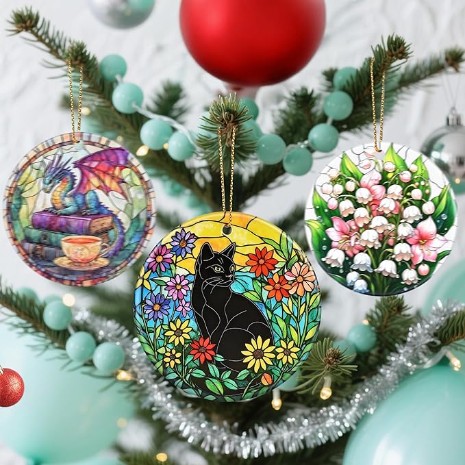 Christmas Ornaments, Dodosky 2.8in Ceramic Hanging Ornament, Xmas Decor, Christmas Tree Ornaments, Xmas Decorations for Tree, Holiday Ornament, Cat Lover Decor, Gifts for Cat Lovers for Women