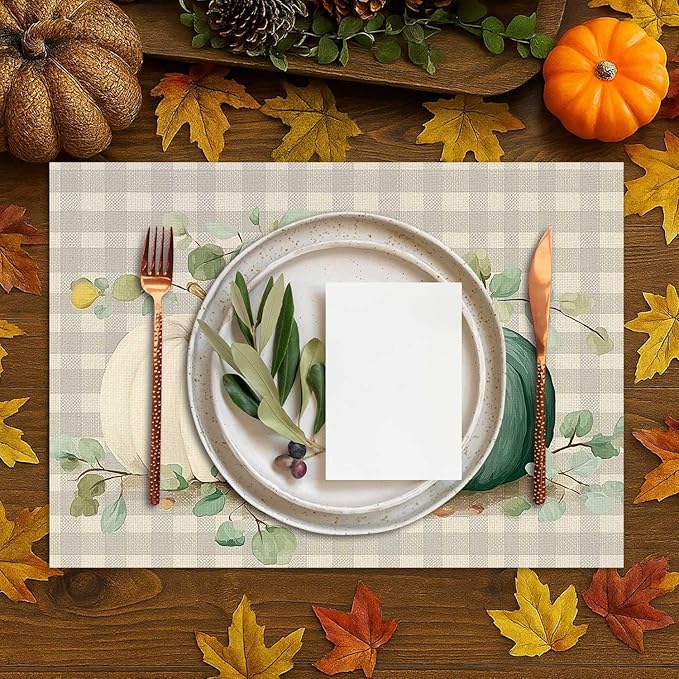 Double Side Set of 4 Buffalo Plaid Pumpkins Eucalyptus Leaves Fall Placemats Seasonal Maple Leaves Table Mats for Indoor Outdoor Home Party Dining Decor Burlap Table Mats 12x18 Inch #WP015