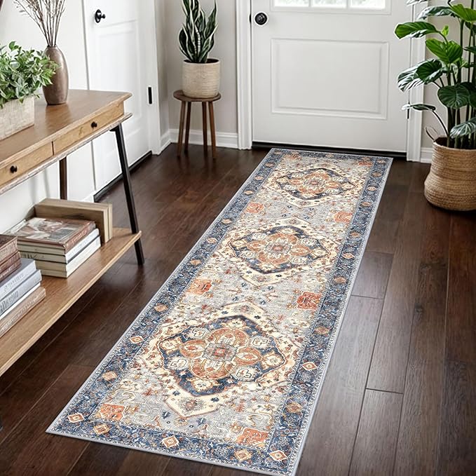 2x7 Washable Runner Rug for Hallways, Ivory Blue Soft Classic Kitchen Rugs with Non-Slip, Non-Shedding Boho Rug for Hallways Entryway Bedroom Bathroom Laundry Indoor