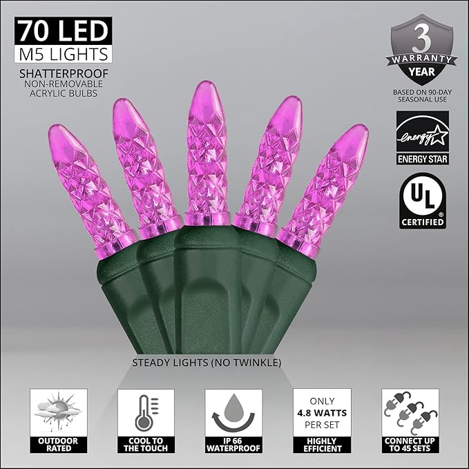 M5 LED Mini Ice Pink Prelamped Light Set, Green Wire - 70 M5 Pink LED Christmas Lights, 4" Spacing
