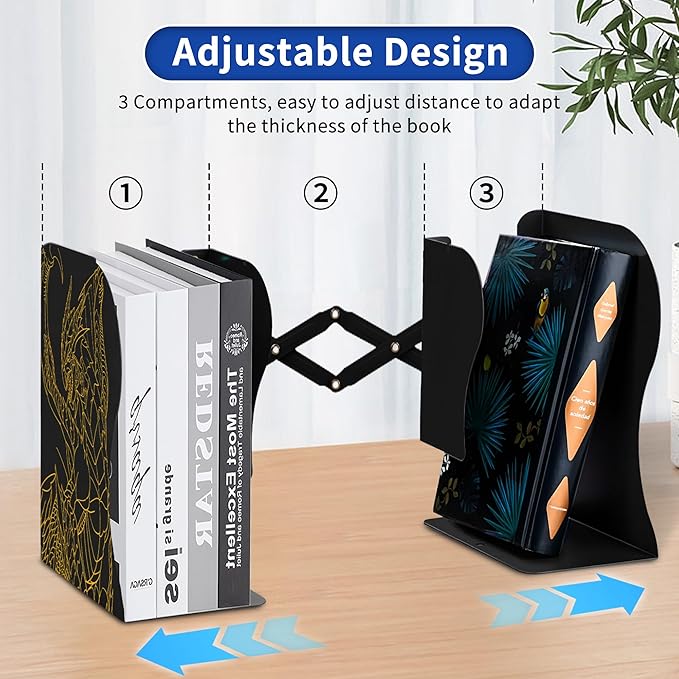 Dragon Bookends, Adjustable Bookends, Unique Book Holders for Shelves, Metal Book Ends for Heavy Books, Non-Skid Book Stander for Desk, Shelf, Office, Stationery Gift (Black)