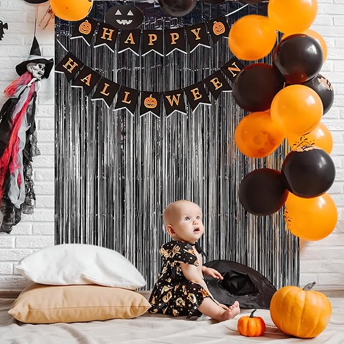 BRAVESHINE Black Party Foil Fringe Curtains - 2 Pack Metallic Tinsel Photo Booth Streamers Backdrop for New Years, Boy, Men, Birthdays, Stranger Theme, Music, Prom, Christmas Party Decorations